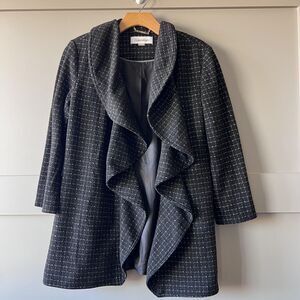 Calvin Klein Sweater Womens 4 Black White Open Front‎ Ruffle Collar Tweed Jacket